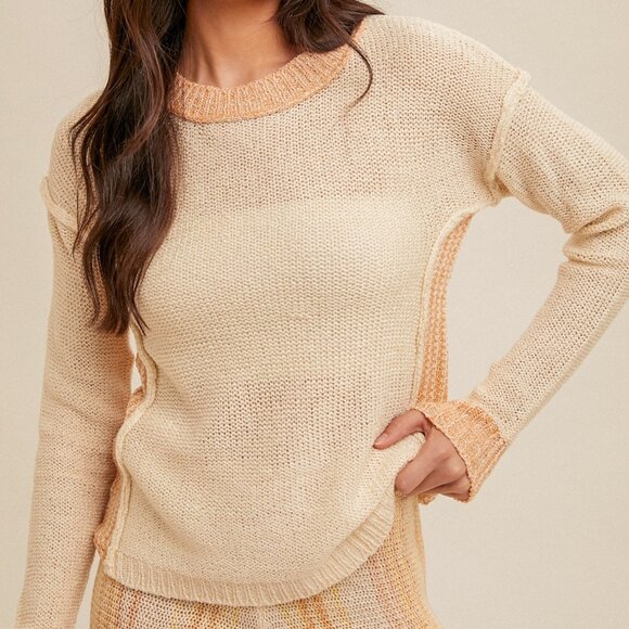 HEM & THREAD Cream Peach Contrast Knit Sweater, Long Sleeve Colorblock Pullover - Picture 1 of 6